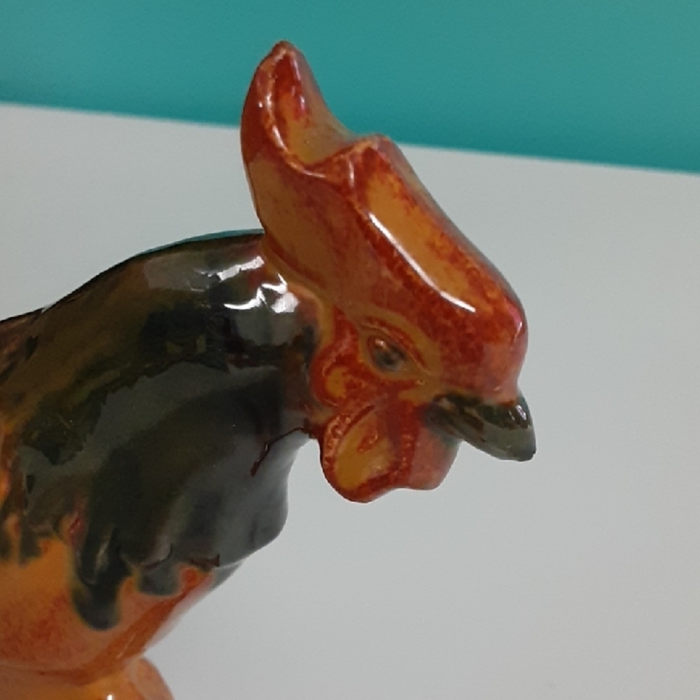 Vintage Rosemeade, Rooster, Glazed Ceramic, 1960s, Dakota Pottery, Green, Orange